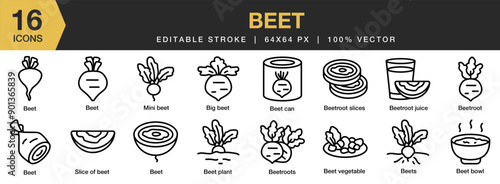 Beet icon set. Editable Stroke Icon Collection. Includes beet bowl, beet plant, beet, beetroot, big beet, and More. Outline icons vector collection.