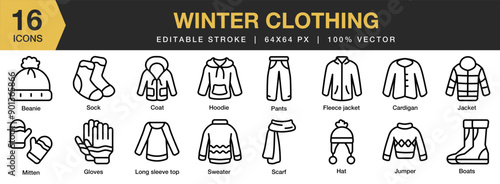 Winter Clothing icon set. Editable Stroke Icon Collection. Includes beanie, cardigan, jacket, scarf, mitten, and More. Outline icons vector collection.