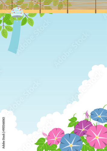 夏をイメージした風鈴と朝顔の背景_縦
