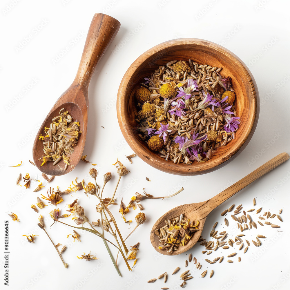 Dried daisy petal and bud scattered on white background, bowl filled with daisy seeds Dried daisy petal and bud scattered on white background, bowl filled with daisy seeds