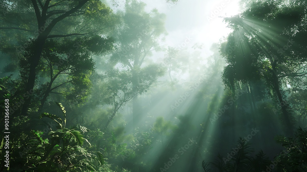 Obraz premium Lush green natural rainforest filled with fog and sunlight shining through tall trees