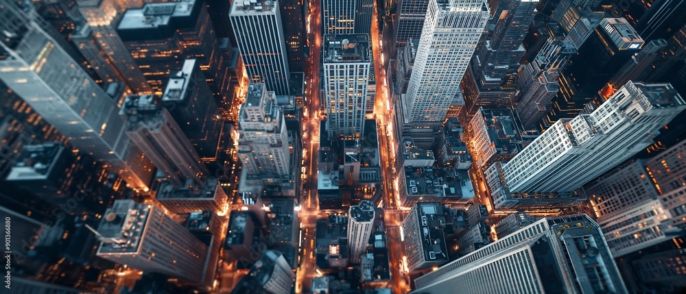 Aerial view of high-rise city at night, street lights passing between tall buildings. Aerial view of high-rise city at night, street lights passing between tall buildings.