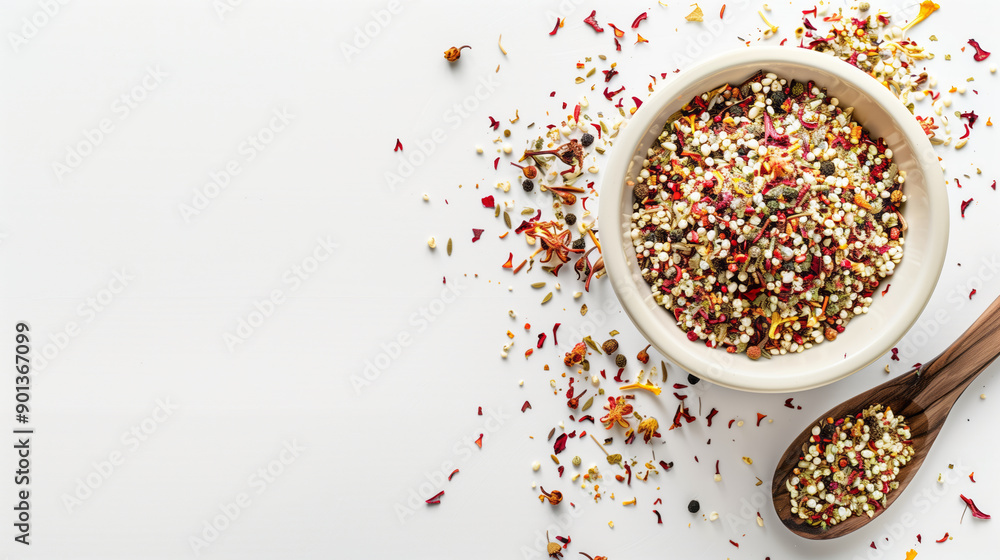 Dried elderflower petals scattered on white background, bowl filled with buds Dried elderflower petals scattered on white background, bowl filled with buds