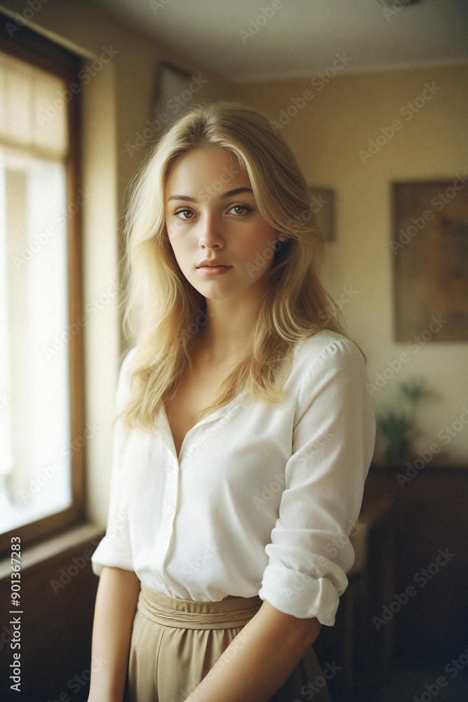 Medium shot portrait of young blonde Caucasian woman with fair skin and green eyes, standing by a window with soft natural light illuminating her features, creating a gentle and serene atmosphere Medium shot portrait of young blonde Caucasian woman with fair skin and green eyes, standing by a window with soft natural light illuminating her features, creating a gentle and serene atmosphere
