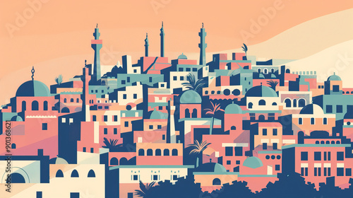 Risograph stencilled riso print travel poster, card, wallpaper or banner illustration, modern, isolated, clear, simple of Amman, Jordan. Artistic, screen printing, stencil © Goodwave Studio