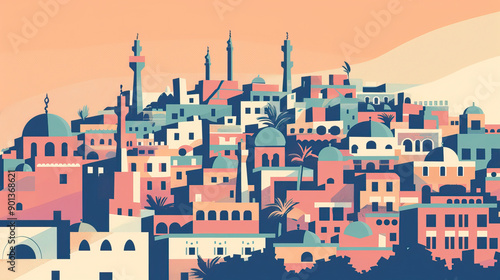 Risograph stencilled riso print travel poster, card, wallpaper or banner illustration, modern, isolated, clear, simple of Amman, Jordan. Artistic, screen printing, stencil