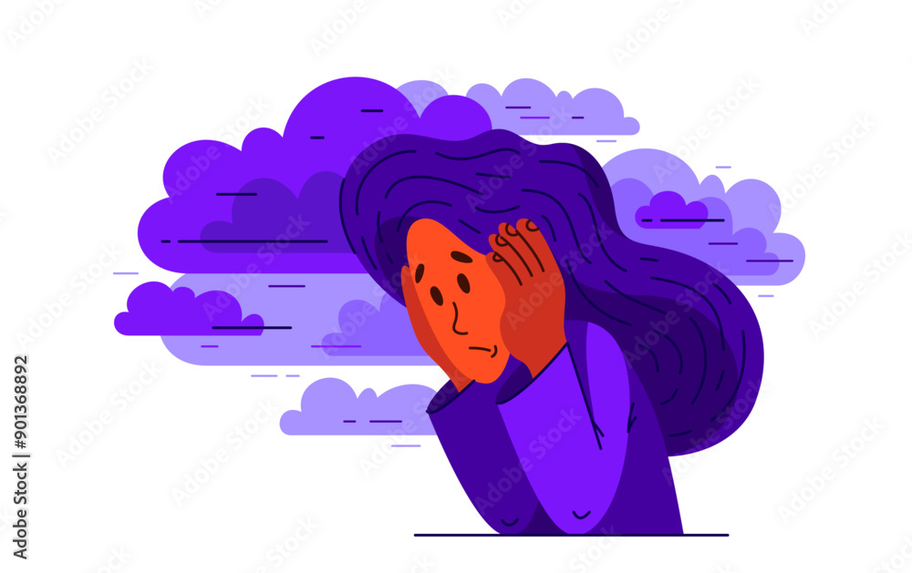 Young woman having a psychological problem of stress or anxiety, vector illustration of stressed girl having mental disorder or tired, headache flat style drawing. Young woman having a psychological problem of stress or anxiety, vector illustration of stressed girl having mental disorder or tired, headache flat style drawing.
