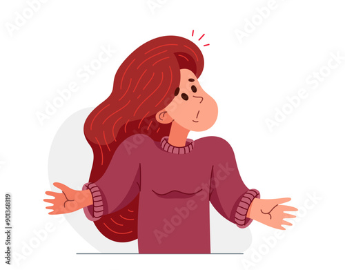 Young woman having a doubt and question, vector illustration of a person who is hesitating and thinking about some problem, decide uncertainty.