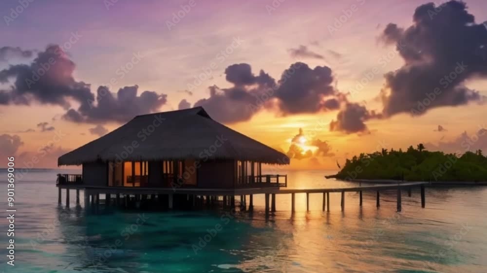 sunset over the beach with a tourist house in the sea sunset over the beach with a tourist house in the sea