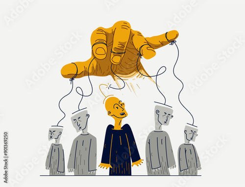 Hand of a toxic manipulator controls his victims and one person has freed from control, social manipulations and independence, vector illustration of psychological manipulation.