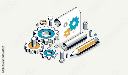 Mechanical engineering project in embodiment implementation concept, engine draft plan drawing and work process, paper sheet with gears and pencil 3D isometric vector illustration, repair tutorial.