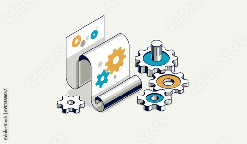 Engineering invention and innovation concept, engineer draft plan and gears 3D isometric illustration, engine draft plan drawing, innovation and research technical scheme blueprint.