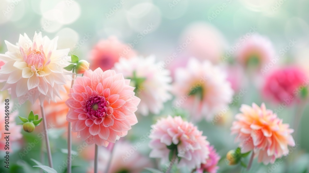 Beautiful pastel dahlias bloom in a serene garden, creating a dreamy and vibrant atmosphere full of colors and tranquility. Beautiful pastel dahlias bloom in a serene garden, creating a dreamy and vibrant atmosphere full of colors and tranquility.