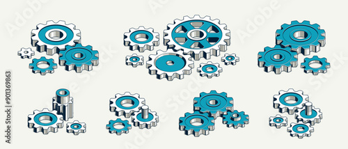 Mechanical engineering concept set, gears and cogs composition isometric 3D vector illustration, cogwheels system technology and technics machinery engine.