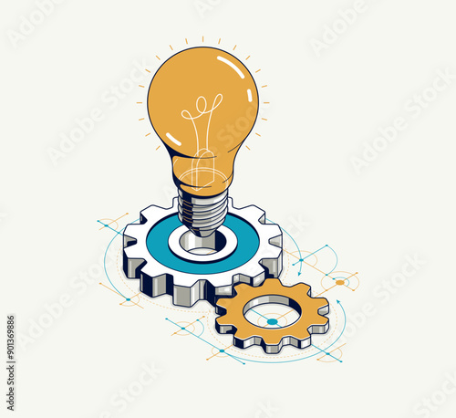 Engineering idea concept, innovation, invention and solution metaphor, light bulb with gears vector 3D isometric illustration, mechanical engine works.
