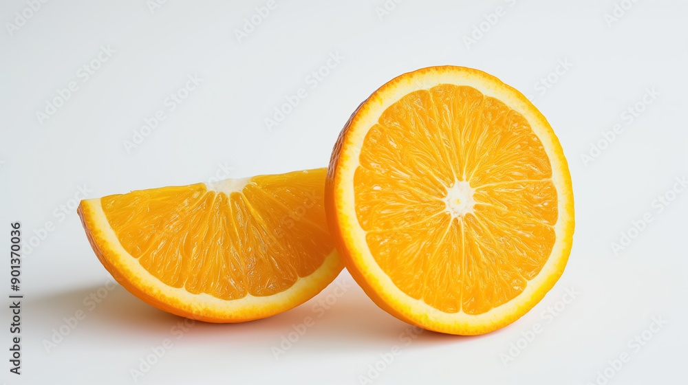 Fototapeta premium Sliced orange with vibrant, juicy segments on a clean white background, showcasing the freshness and bright color of the fruit.