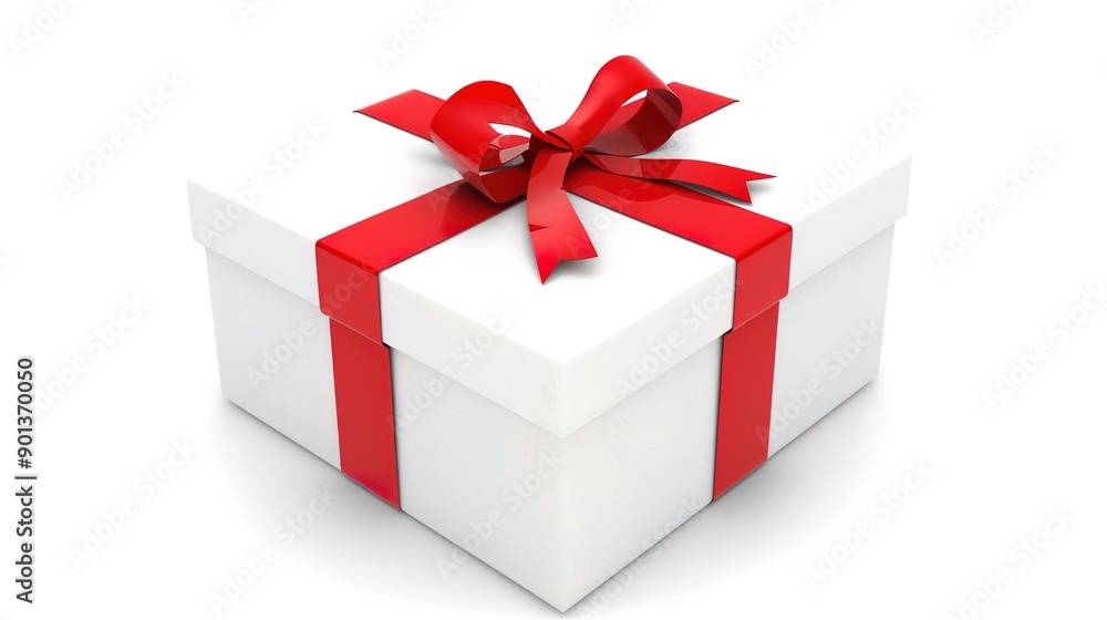 Obraz premium Elegant White Gift Box with a Red Ribbon, Perfect for Special Occasions and Celebrations