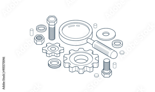 Mechanical engineering research and solution concept, gears with magnifier 3D isometric vector design icon or logo, magnifying glass with cogs software development.