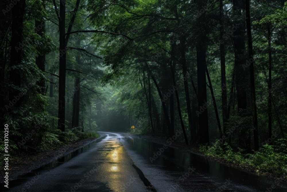 Naklejka premium Serene, damp roadway meanders through a foggy forest with morning light piercing the canopy