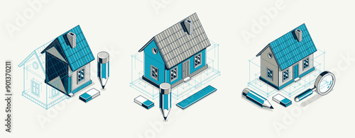 House project concept set, 3D isometric vector illustration of a small house building project, construction architectural model, residential family small house.