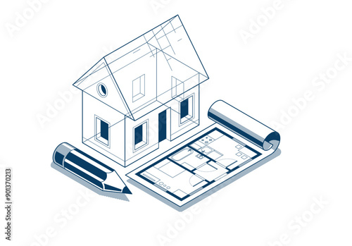 House project implementation embodiment concept, 3D isometric vector illustration of a small house building project, construction architectural model, idea in progress.
