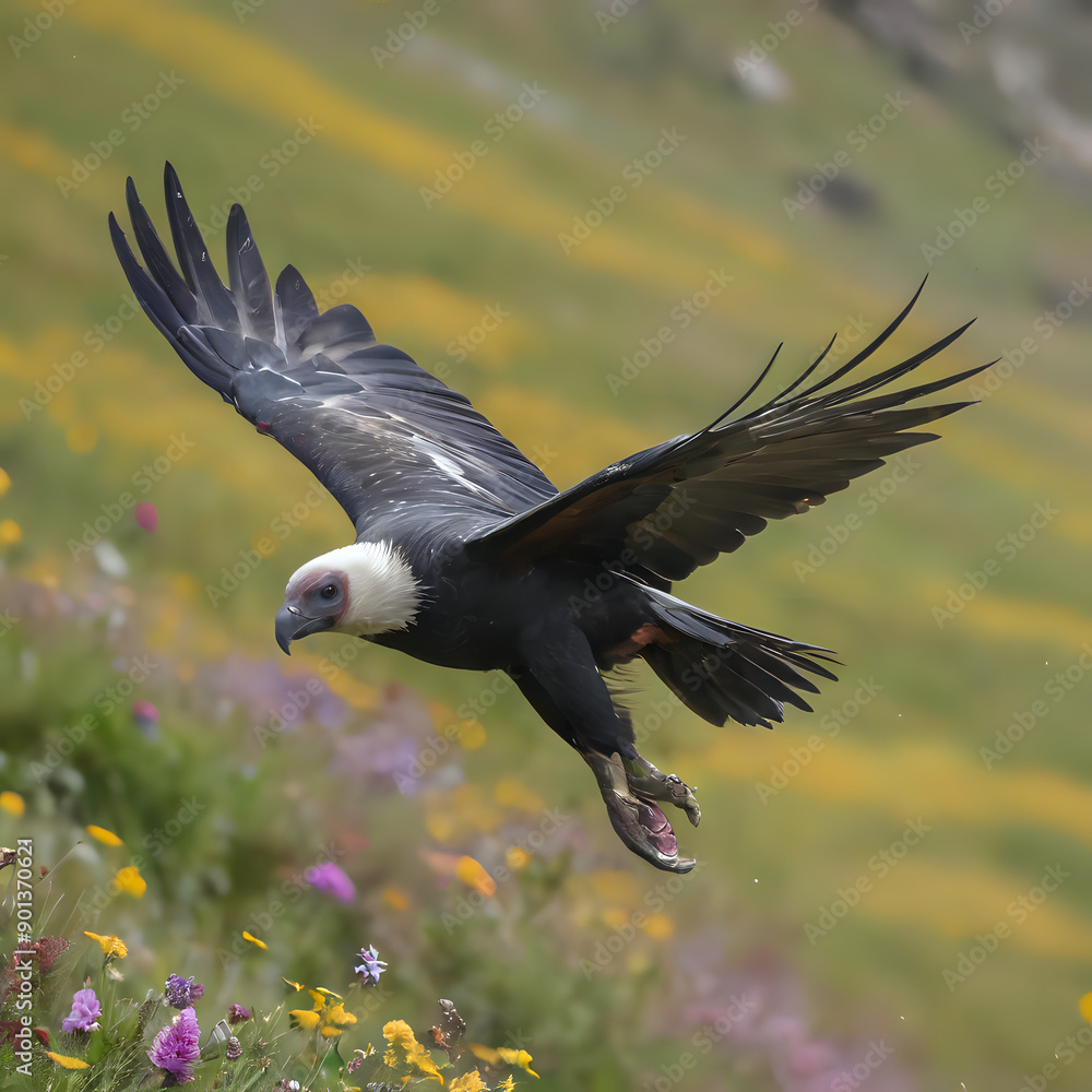 Obraz premium a bird that is flying over a field of flowers
