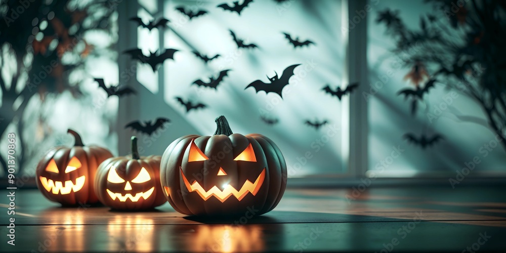 Fototapeta premium Halloween background with pumpkin and bats