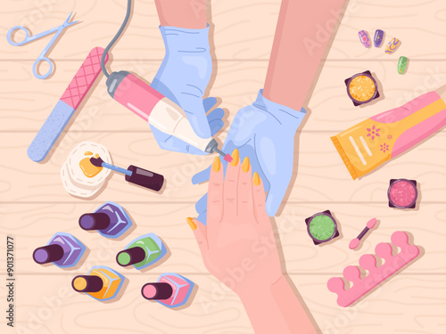 Manicure top view. Beauty nail salon occupation specialist perform fingernail care treatment procedure to customer hands, manicurist tools colors swatch swanky vector illustration