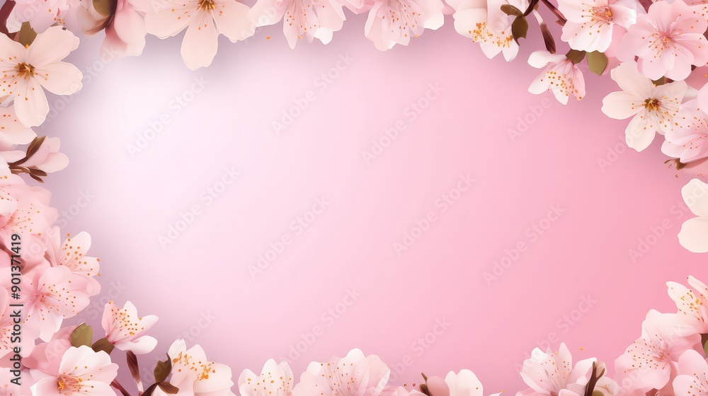Obraz premium Pink Cherry blossom Illustration. Frame of Sakura Cherry Blossoms Spring flower