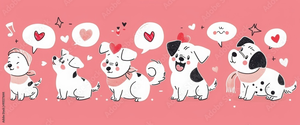 A set of cute cartoon dogs in various poses, wearing colorful and accessories like scarves or hats with hearts on them. pink background, love hearts, flowers, candy A set of cute cartoon dogs in various poses, wearing colorful and accessories like scarves or hats with hearts on them. pink background, love hearts, flowers, candy