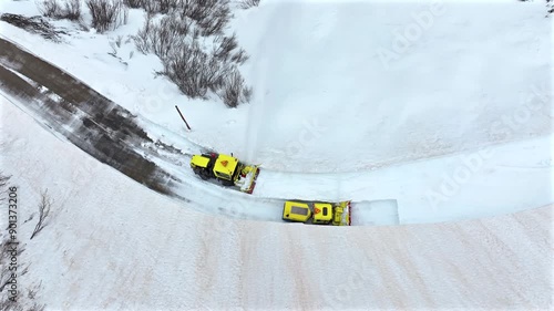 Aerial View Yellow Snow Plow Clear Pass Road Spring Time Savoie France