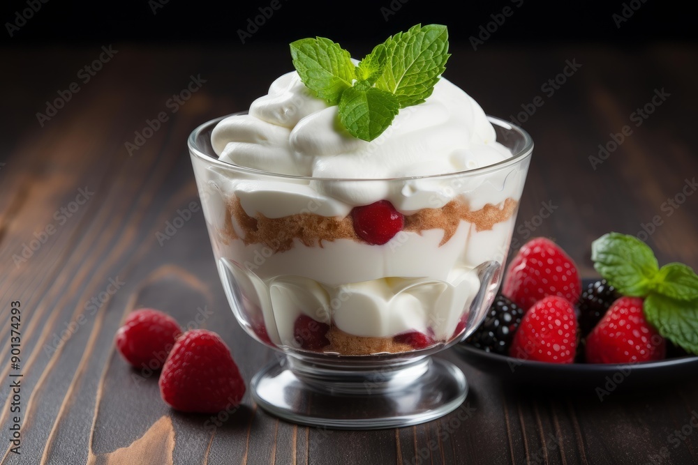 Elegant glass of layered trifle with fresh berries and cream, adorned with mint Elegant glass of layered trifle with fresh berries and cream, adorned with mint