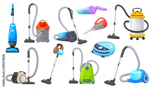 Cartoon vacuum cleaners. Cleaner machine household electric appliance, home cleaning robot device housework domestic professional service dust cleanup work neat vector illustration