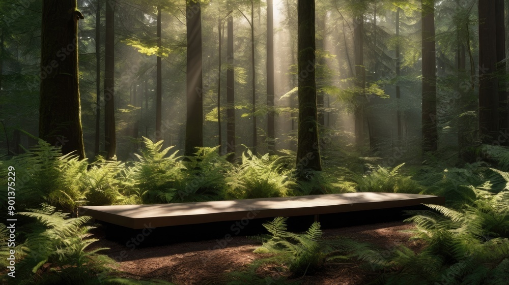 Fototapeta premium Product display podium, green forest background, white plant, wood, stone, 3D render, cosmetic, beauty mockup.