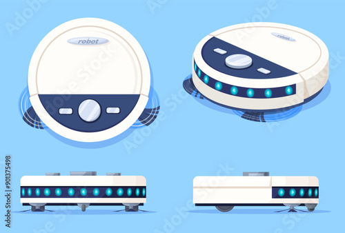 Robot vacuum cleaner. Smart home floor dust cleaners, household wireless automatic electronic appliance housekeeping clean tool robotic modern technology, neat vector illustration