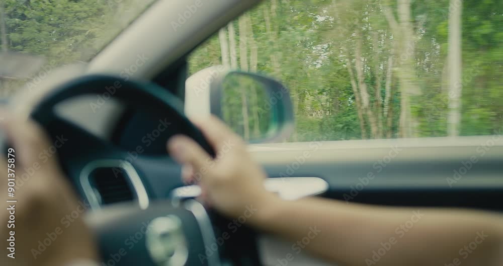 Close-up of hands gripping the steering wheel while driving through a scenic forested road Close-up of hands gripping the steering wheel while driving through a scenic forested road