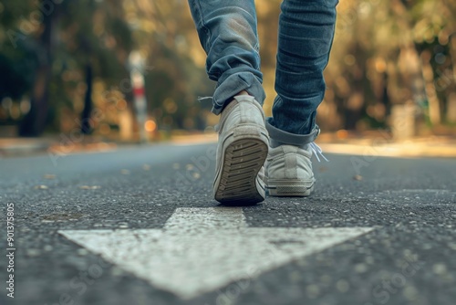 Going Along Road: Closeup of Adult Man's Leg with Arrow Marking for Guidance