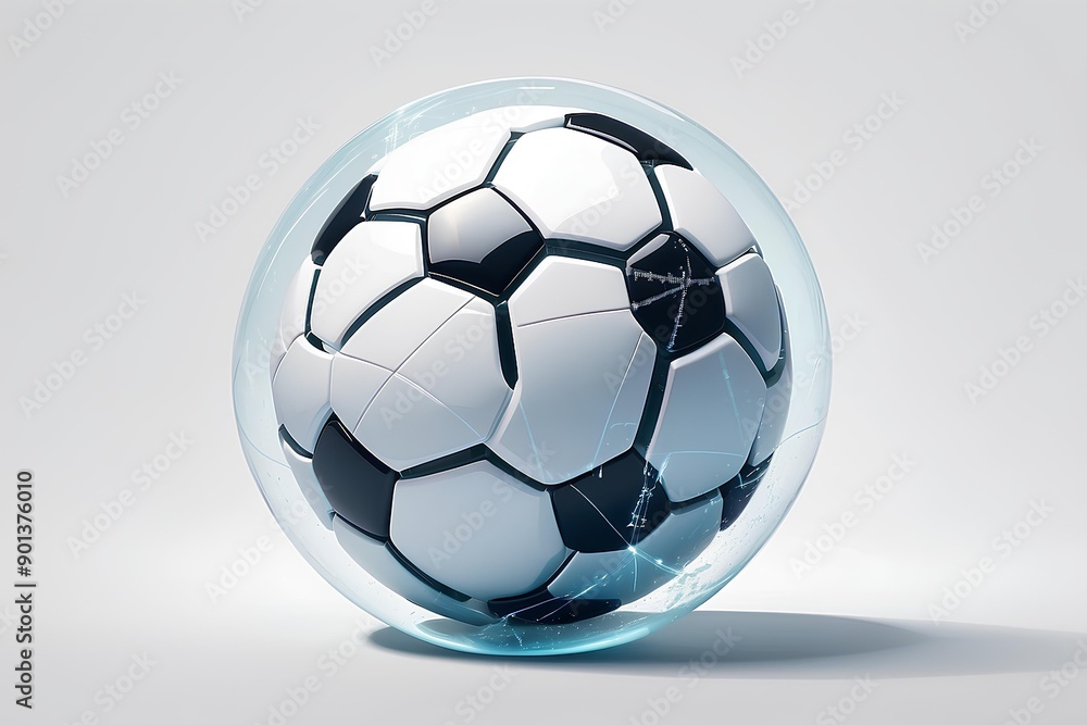Fototapeta premium Soccer Ball in a Glass Sphere: A classic soccer ball, encased in a transparent glass sphere, evokes a sense of fragility and value, while showcasing the beautiful game's timeless elegance. 