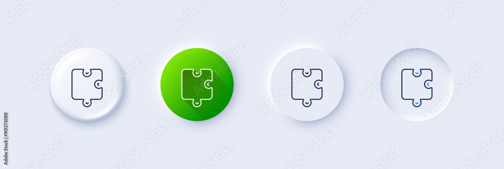 Puzzle piece line icon. Neumorphic, Green gradient, 3d pin buttons. Jigsaw game shape sign. Business strategy element. Line icons. Neumorphic buttons with outline signs. Vector Puzzle piece line icon. Neumorphic, Green gradient, 3d pin buttons. Jigsaw game shape sign. Business strategy element. Line icons. Neumorphic buttons with outline signs. Vector