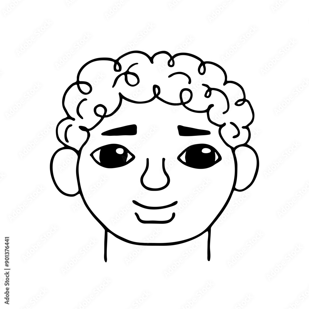 Smiling face of a little child boy or funny African guy with curly hair, black outline isolated on white. Line drawing sketch in doodle style. Vector clipart for children's illustration. Smiling face of a little child boy or funny African guy with curly hair, black outline isolated on white. Line drawing sketch in doodle style. Vector clipart for children's illustration.