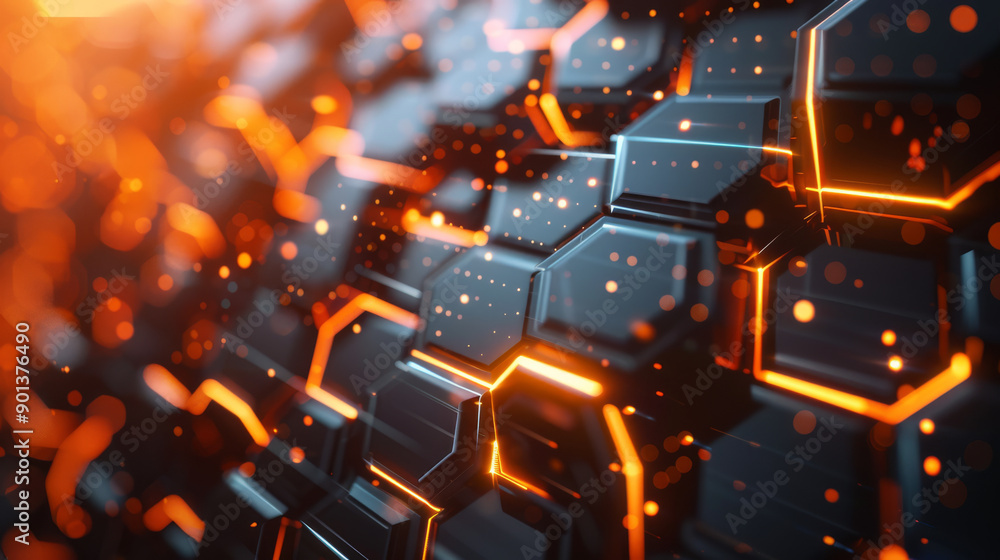Futuristic hi-tech pattern of hexagonal tiles illuminated with orange lights for the background. Hexagons create a sense of advanced technology or digital interface. Futuristic hi-tech pattern of hexagonal tiles illuminated with orange lights for the background. Hexagons create a sense of advanced technology or digital interface.