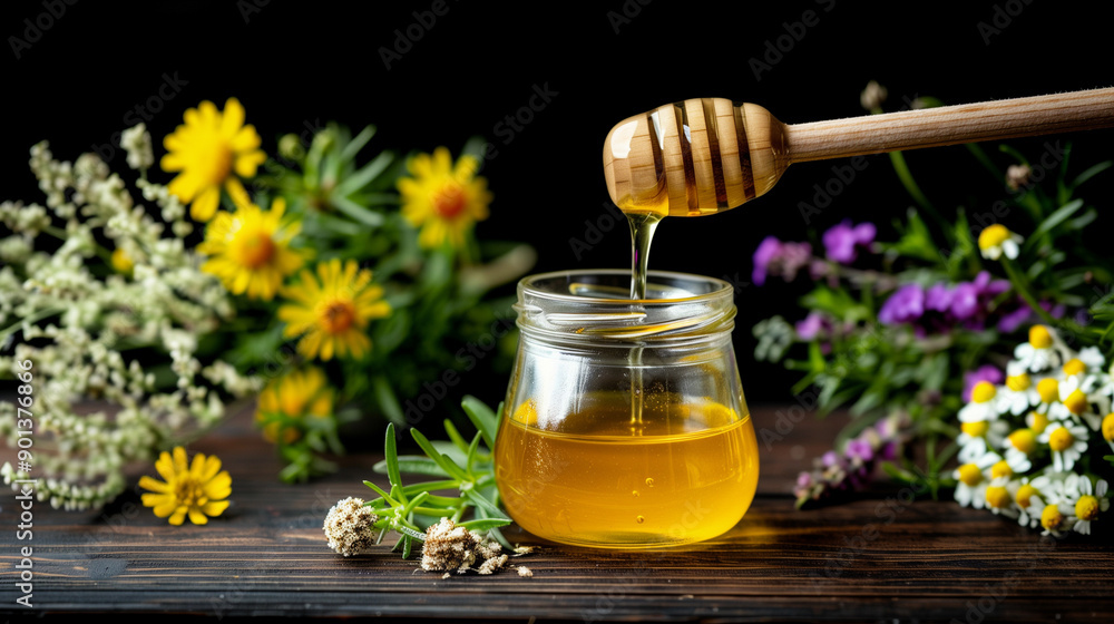A jar of honey is poured into a glass A jar of honey is poured into a glass