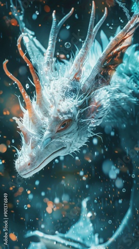 A majestic dragon glides through mystical waters, surrounded by shimmering bubbles