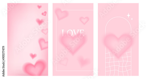 Pink aura heart poster. Abstract love gradient pattern template. Minimal cute blur vertical event banner. Romantic girly stories with text. Sweet promotion graphic with arch and distorted grid layout
