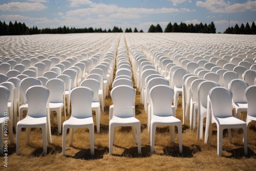Obraz premium Symmetrical perspective of countless white chairs arranged in rows across a vast field under a clear sky
