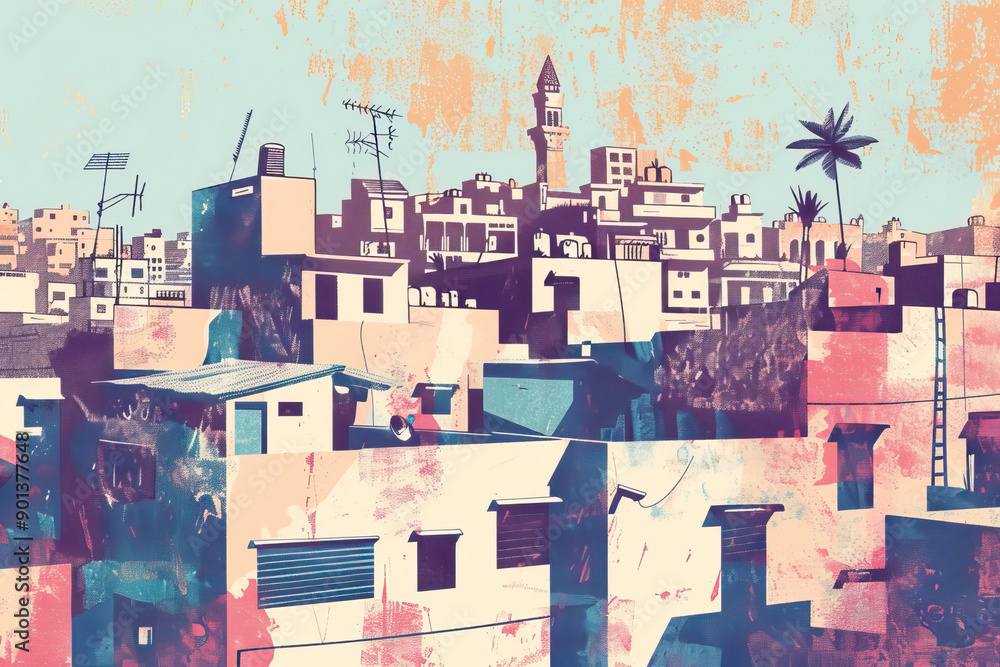Fototapeta premium Risograph trendy riso print travel poster, card, wallpaper or banner illustration, modern, isolated, clear, simple of Beirut, Lebanon. Screen printing
