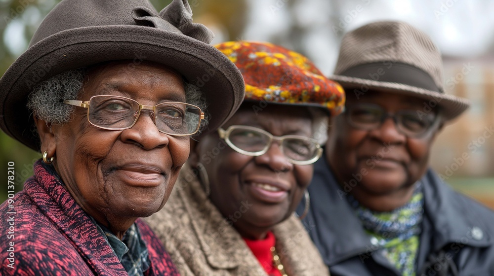 Three elderly black friends dressed in stylish hats and glasses portrait image. Cheerful expressions, fashionable attire picture photorealistic. Friendship concept photo realistic Three elderly black friends dressed in stylish hats and glasses portrait image. Cheerful expressions, fashionable attire picture photorealistic. Friendship concept photo realistic