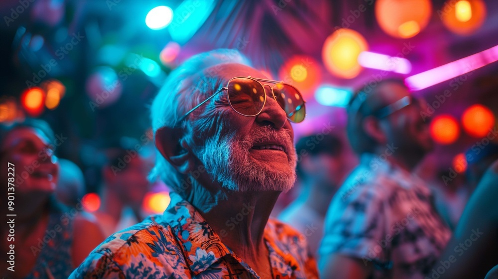 Elderly man with grey hair and beard enjoys vibrant nightlife portrait image. Old guy in sunglasses picture photorealistic photography. Senior nighttime joy concept photo realistic Elderly man with grey hair and beard enjoys vibrant nightlife portrait image. Old guy in sunglasses picture photorealistic photography. Senior nighttime joy concept photo realistic