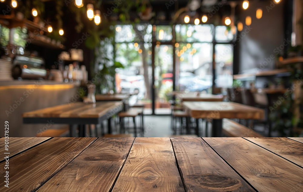 A close-up view of a Wooden Table in a Cozy Cafe, blurred background A close-up view of a Wooden Table in a Cozy Cafe, blurred background