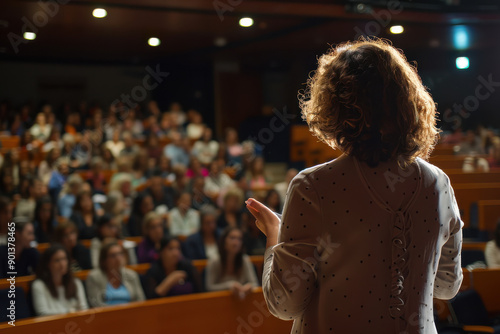 horizontal image of a lady doing a speech at a business conference in front of an attentive audience, view from behind